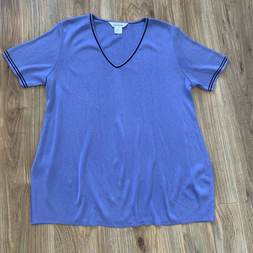 Exclusively MISOOK Tunic XL Short Sleeve Knit V Neck Top Blue Black Trim